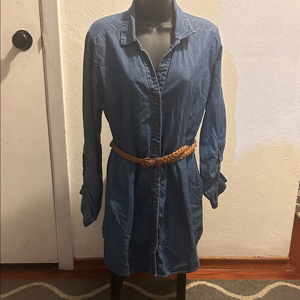 Denim Shirt Dress with Braided Tan Belt